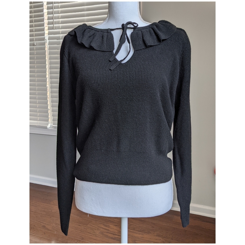 NWT Madewell Ruffle Tie Neck Black Sweater Long Sleeves Top